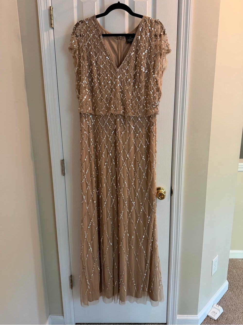 Adrianna Papell Champagne Beaded Maxi Dress